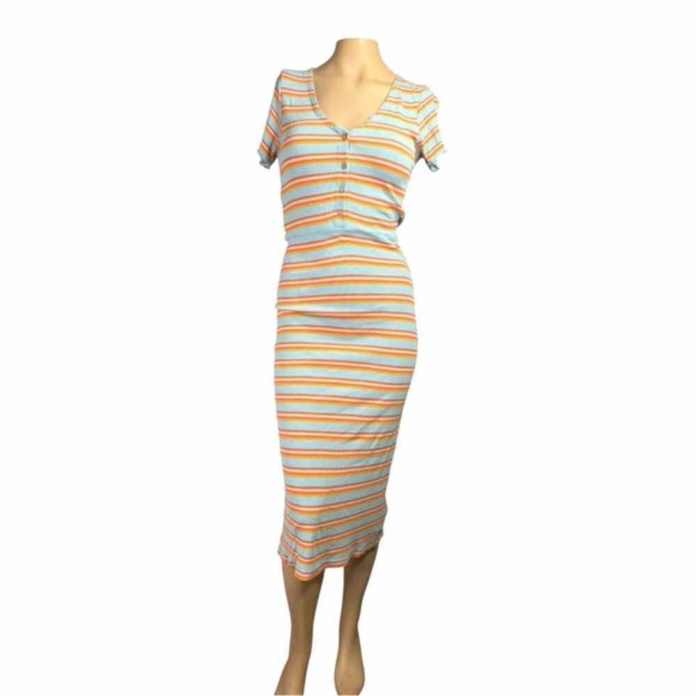 Roxy Striped Ribbed Midi Dress XS Blue Orange